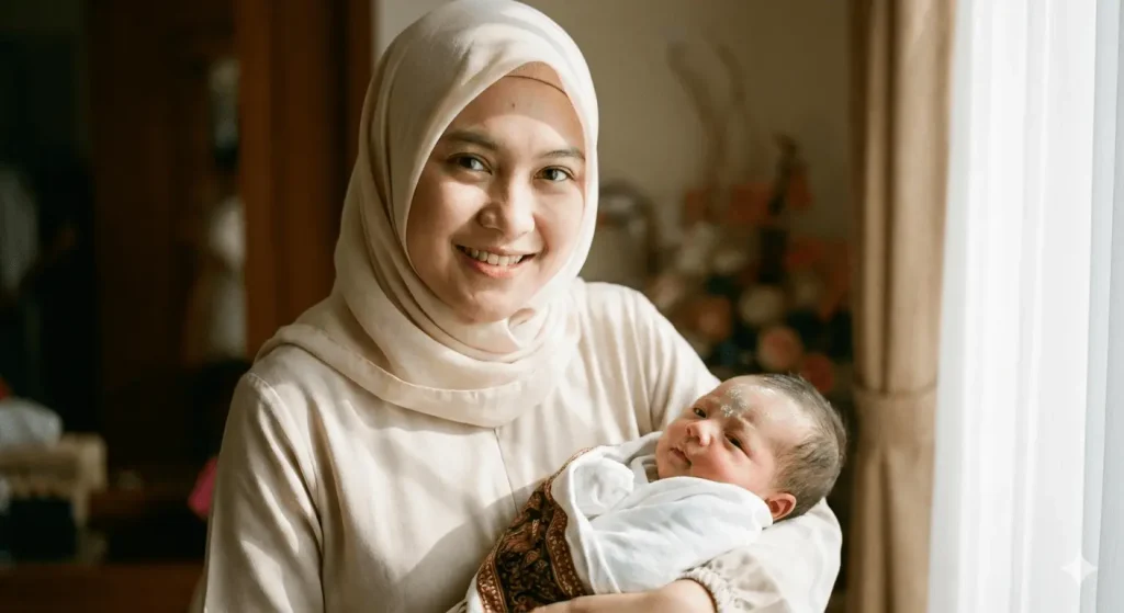 Seorang ibu menggendong anak nya yang sudah aqiqah jakarta timur